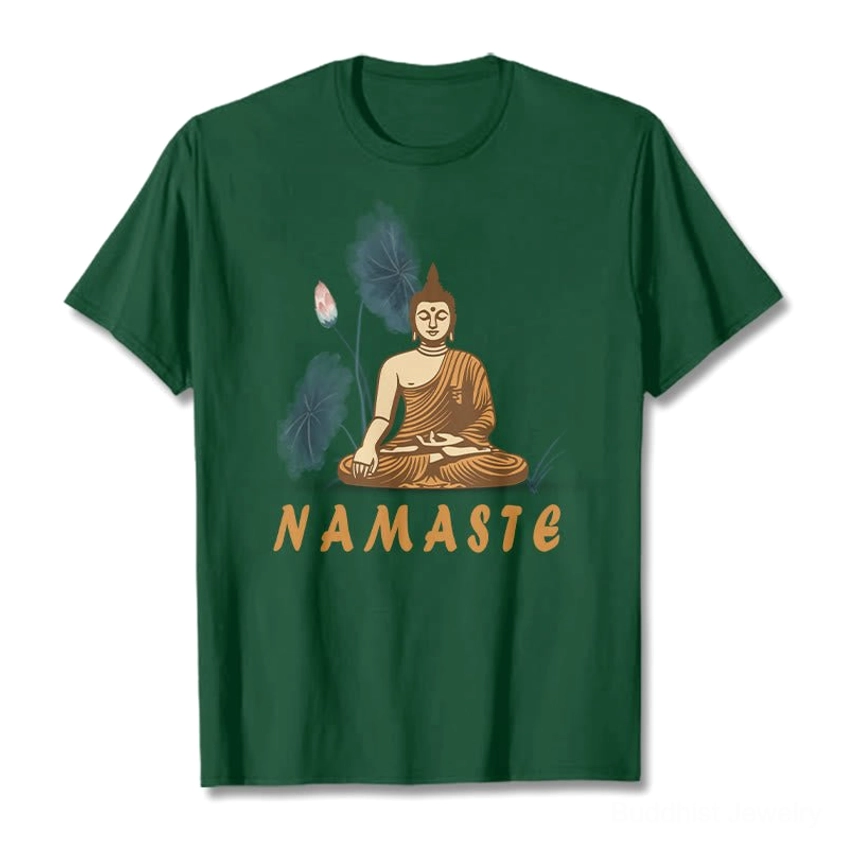 Light grey Namaste Buddha Lotus T-Shirt with thin font design showing seated Buddha and lotus leaf print
