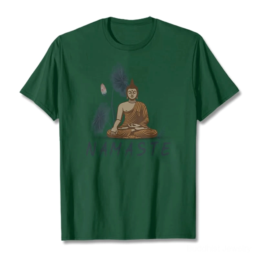 Namaste Buddha Lotus spiritual T-Shirt worn by yoga practitioner during daily meditation practice