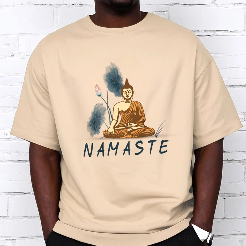 Namaste Buddha Lotus T-Shirt print close-up showing white ink design quality and Buddha lotus imagery detail
