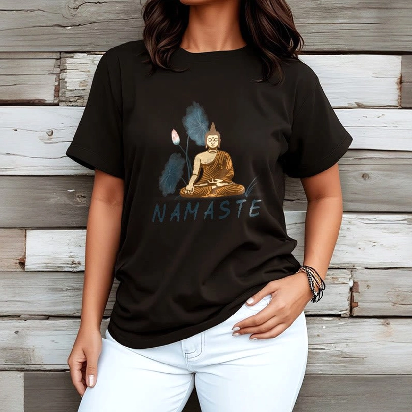 Namaste Buddha Lotus T-Shirt sleeve construction showing short sleeve regular length for all seasons