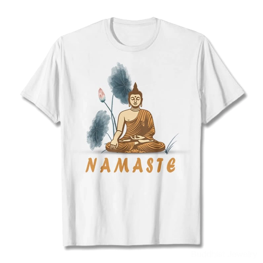 White Namaste Buddha Lotus T-Shirt flat lay showing crew neck detail and centered Buddha with lotus meditation design