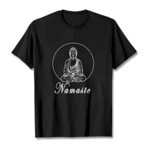 Black Namaste Buddha meditating graphic T-shirt flat lay front view with white ink chest print on pure cotton