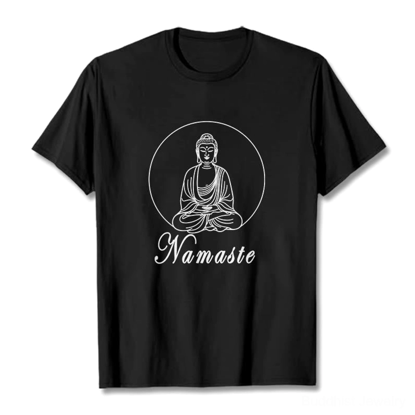 Black Namaste Buddha meditating graphic T-shirt flat lay front view with white ink chest print on pure cotton