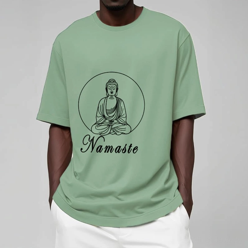Buddhist Namaste T-shirt care instructions showing machine wash cold water hand wash and hang dry method