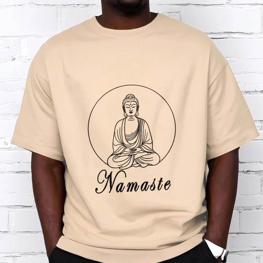 Namaste Buddhist T-shirt model detail shot showing chest graphic quality and print precision