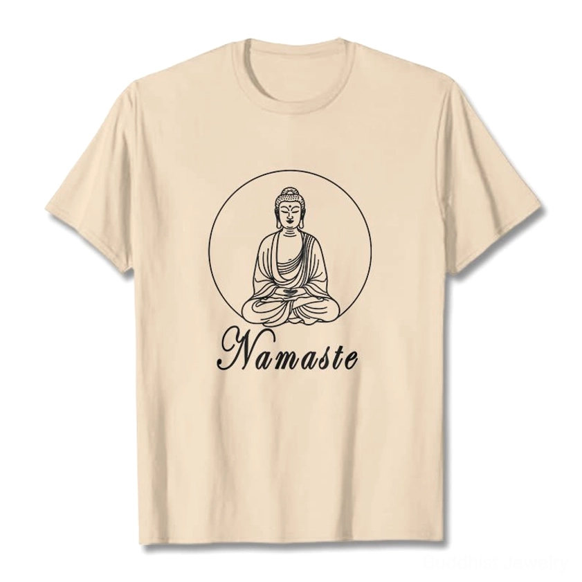 Khaki beige Namaste Buddha meditating T-shirt front flat lay showing black printed design on cotton fabric