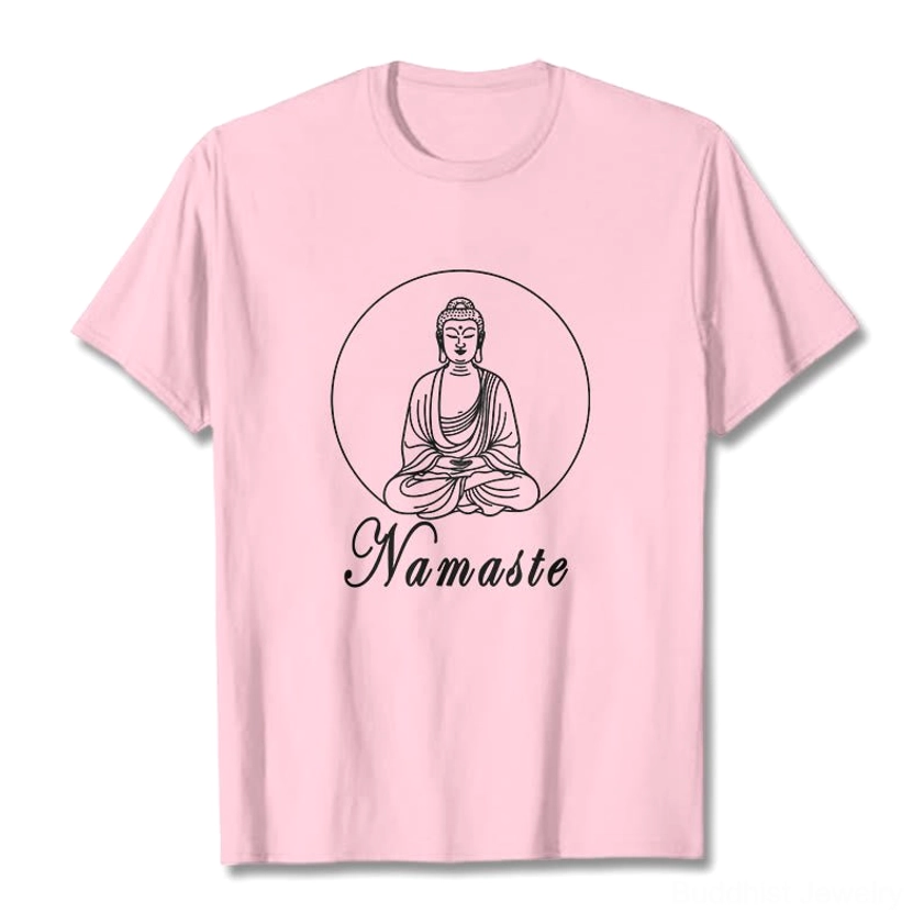 Light cyan blue Namaste Buddha graphic T-shirt flat lay front with white ink design on cotton