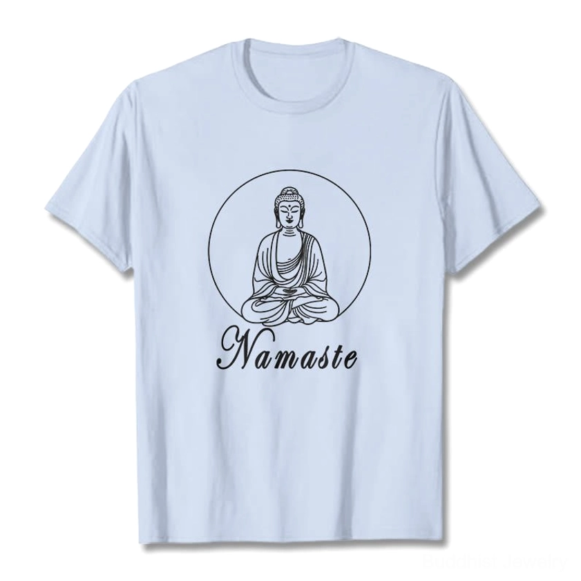 Light cyan blue Namaste Buddha T-shirt model wearing full body front shot with casual styling