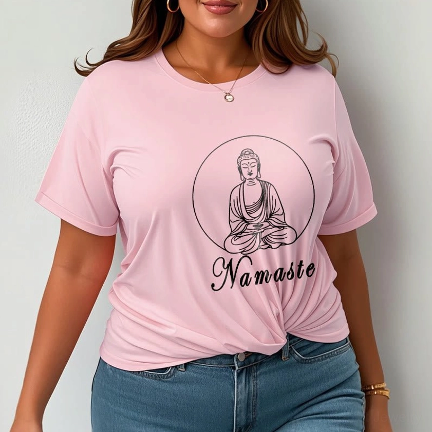 Model wearing light cyan Namaste Buddhist T-shirt outdoor casual styling with accessories