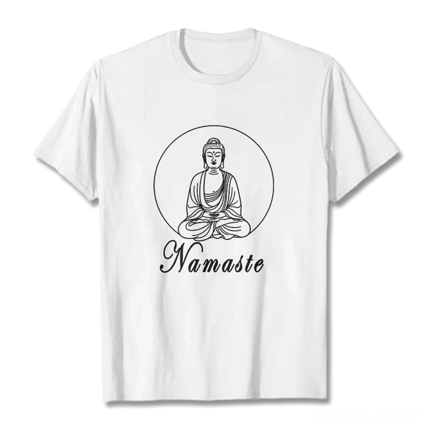 Light gray Namaste Buddha meditating T-shirt flat lay front display with black ink chest graphic on cotton