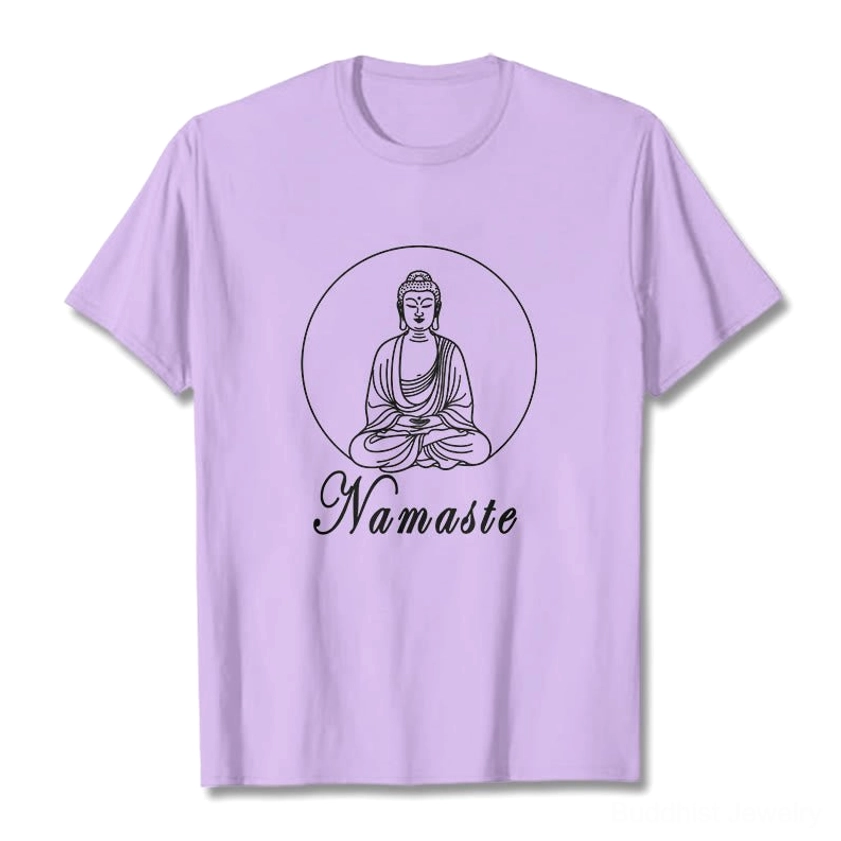Namaste Buddha meditating graphic T-shirt print detail showcasing white ink silk-screen quality and clarity