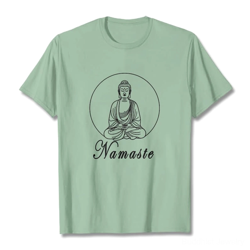 Namaste Buddha meditating T-shirt from side angle showing fit drape and comfortable silhouette