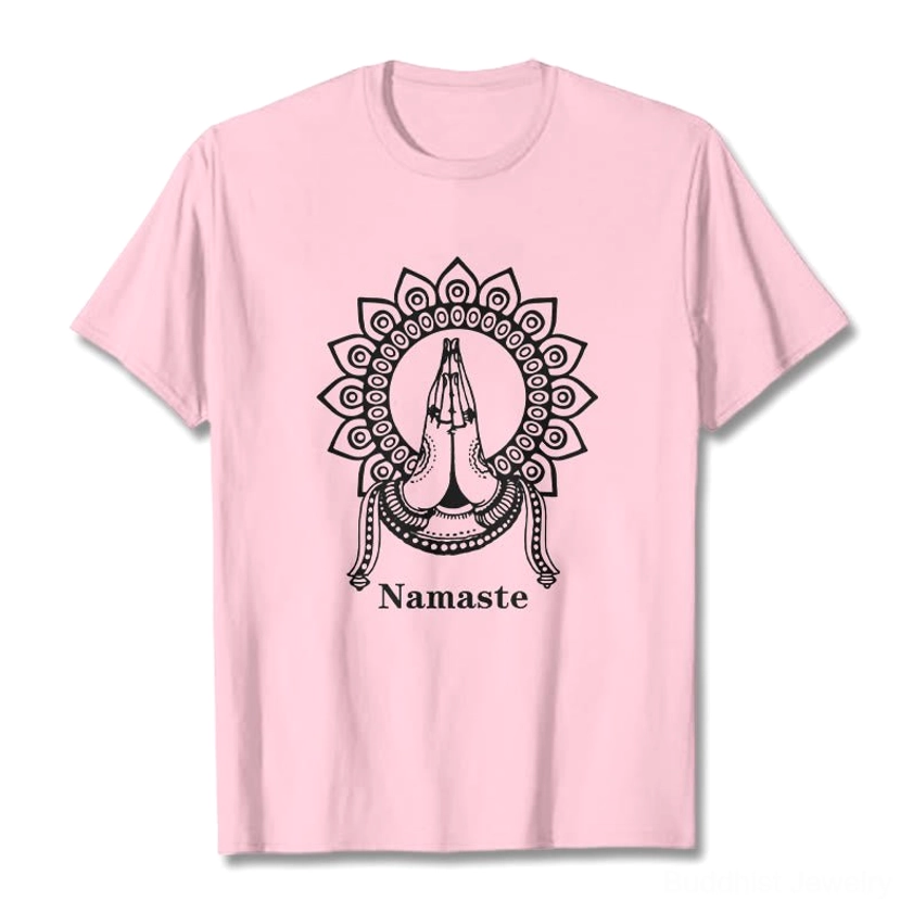 Namaste mandala Buddhist tee back view showing print quality and garment construction on studio background