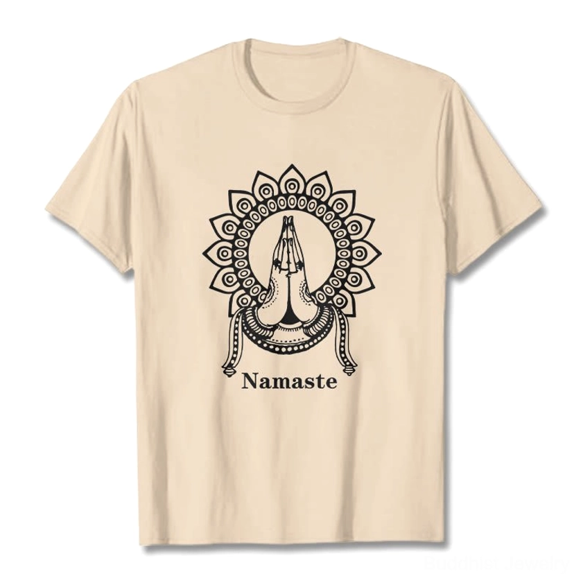 Beige light tan Namaste mandala prayer hands Buddhist tee flat lay front view with black ink print
