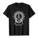 Black Namaste mandala prayer hands Buddhist tee flat lay front view with white ink graphic design