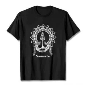 Black Namaste mandala prayer hands Buddhist tee flat lay front view with white ink graphic design