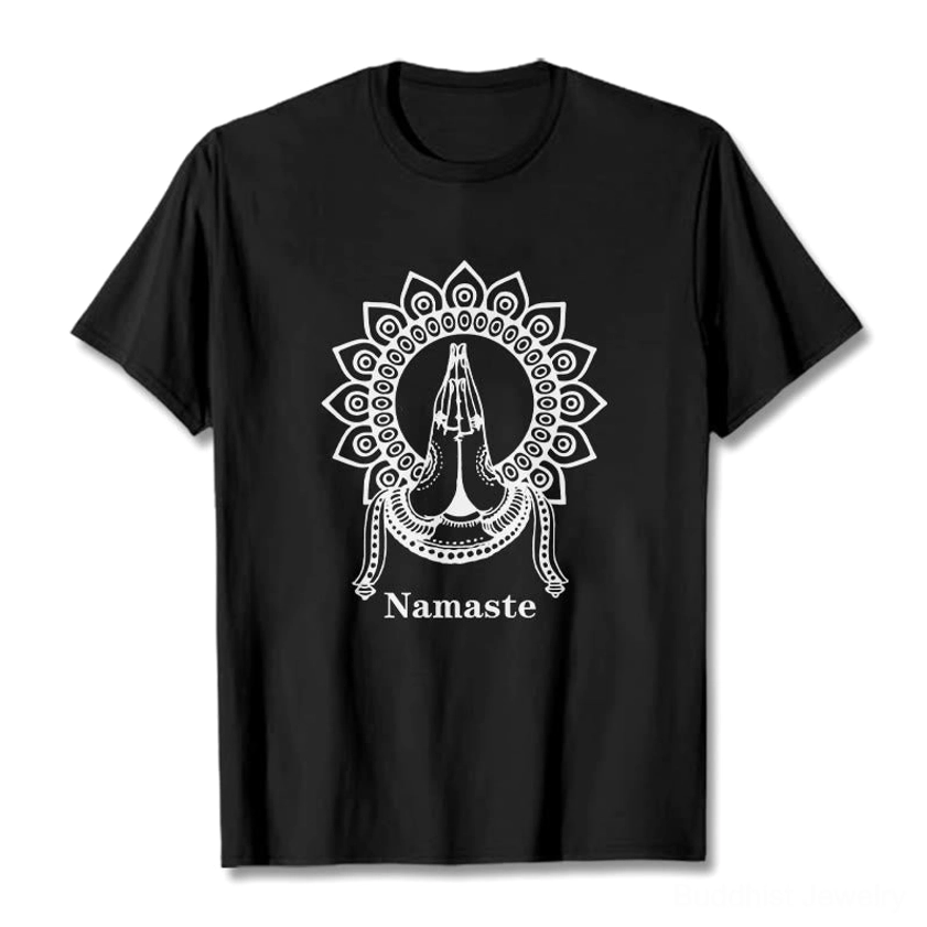 Black Namaste mandala prayer hands Buddhist tee flat lay front view with white ink graphic design