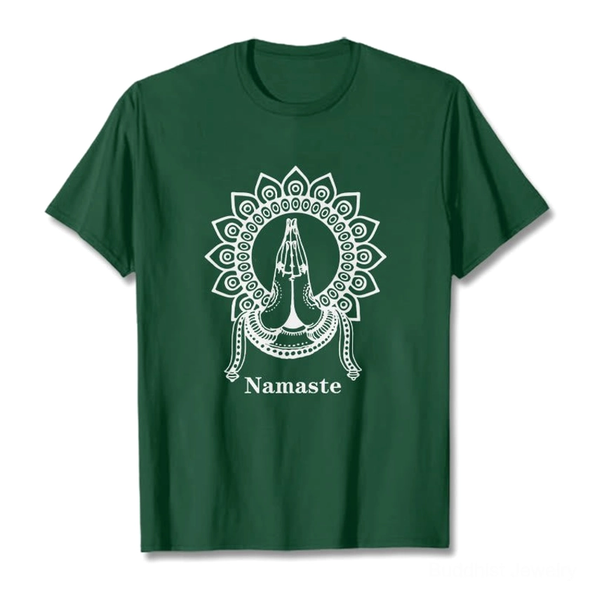 Black Namaste mandala prayer hands Buddhist tee side view showing relaxed unisex fit and print quality