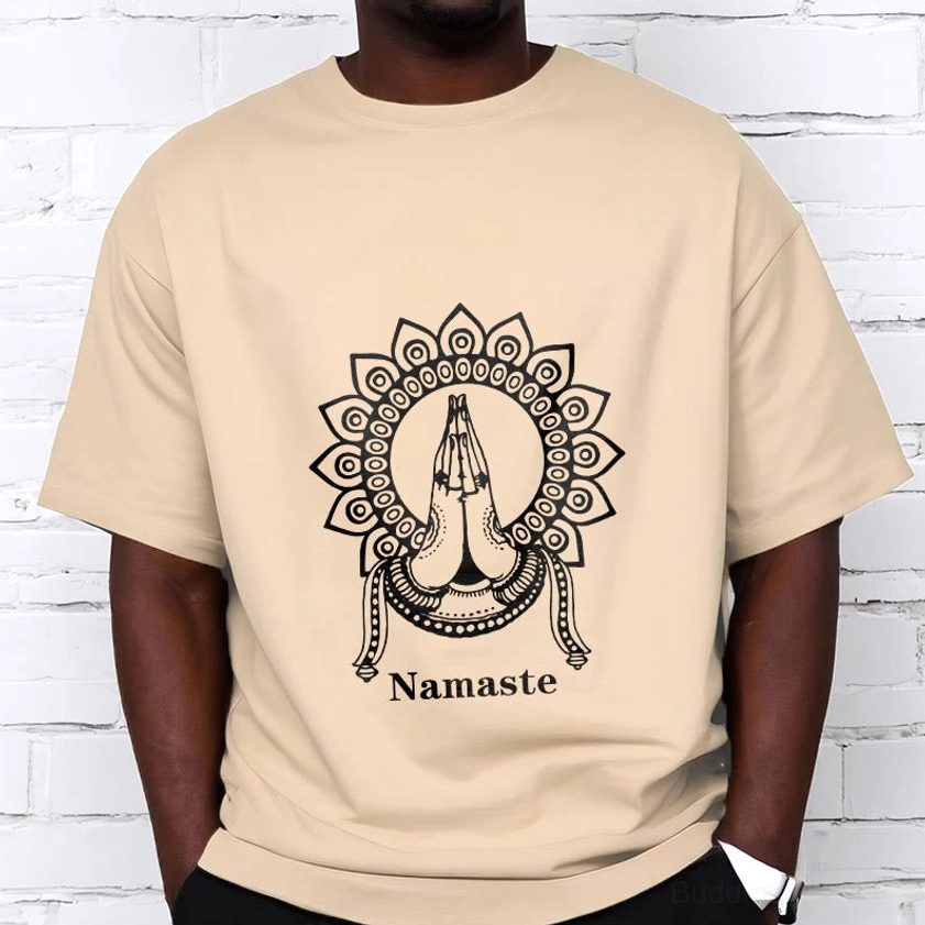 Namaste mandala Buddhist t-shirt detail view showing white ink prayer hands and mandala sacred geometry design