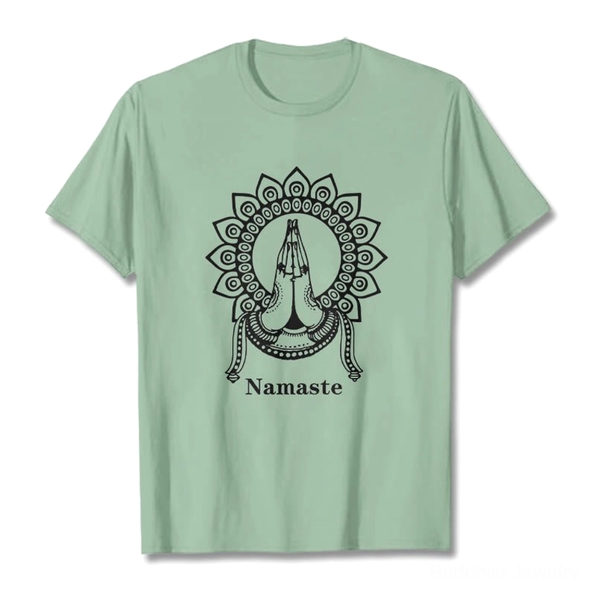 Light cyan blue Namaste mandala prayer hands Buddhist tee flat lay showing color variation and design clarity