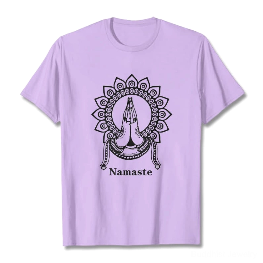 Light gray Namaste mandala prayer hands Buddhist tee flat lay front view with black ink graphic design