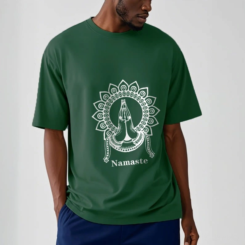 Male model full body wearing Namaste mandala Buddhist t-shirt demonstrating comfortable relaxed fit and styling