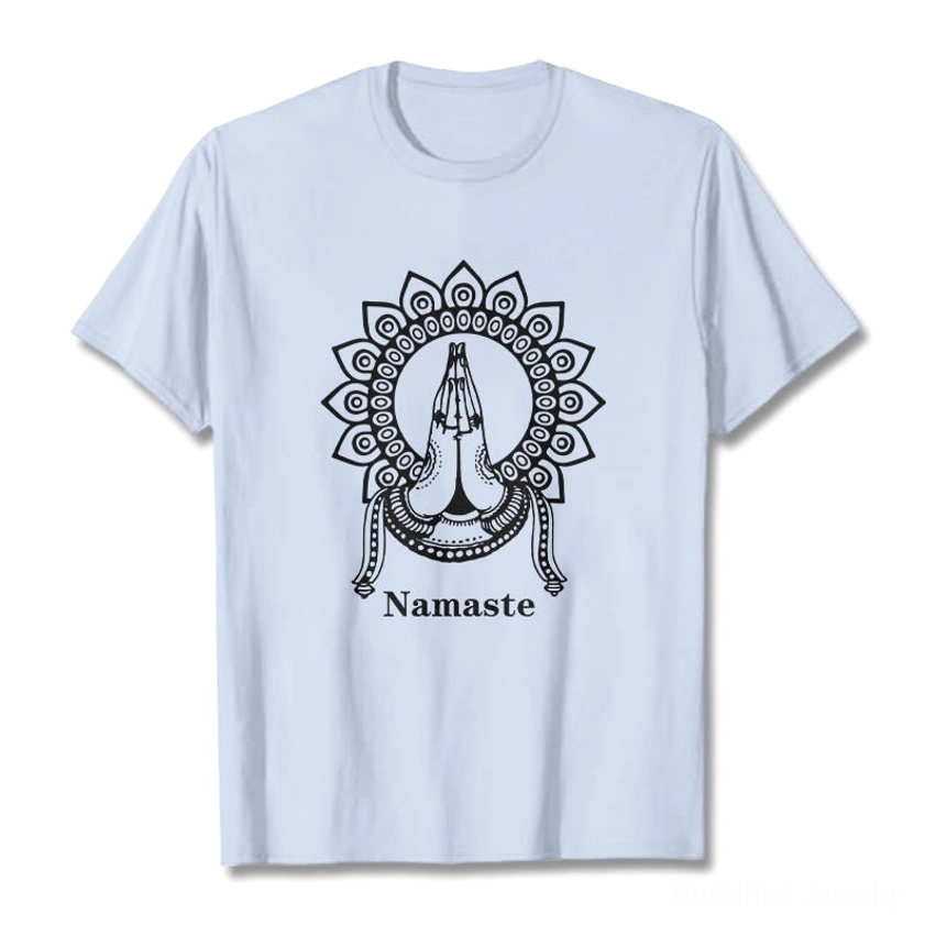 Male model full length wearing light cyan Namaste mandala Buddhist t-shirt demonstrating casual streetwear style