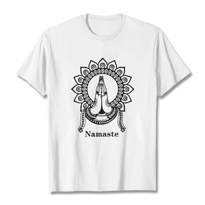 White Namaste mandala prayer hands Buddhist t-shirt flat lay front view with black ink graphic design