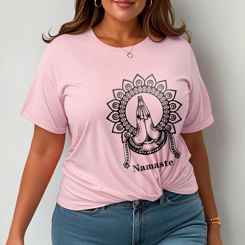 Female model front view wearing Namaste mandala Buddhist t-shirt demonstrating unisex fit and comfortable wear