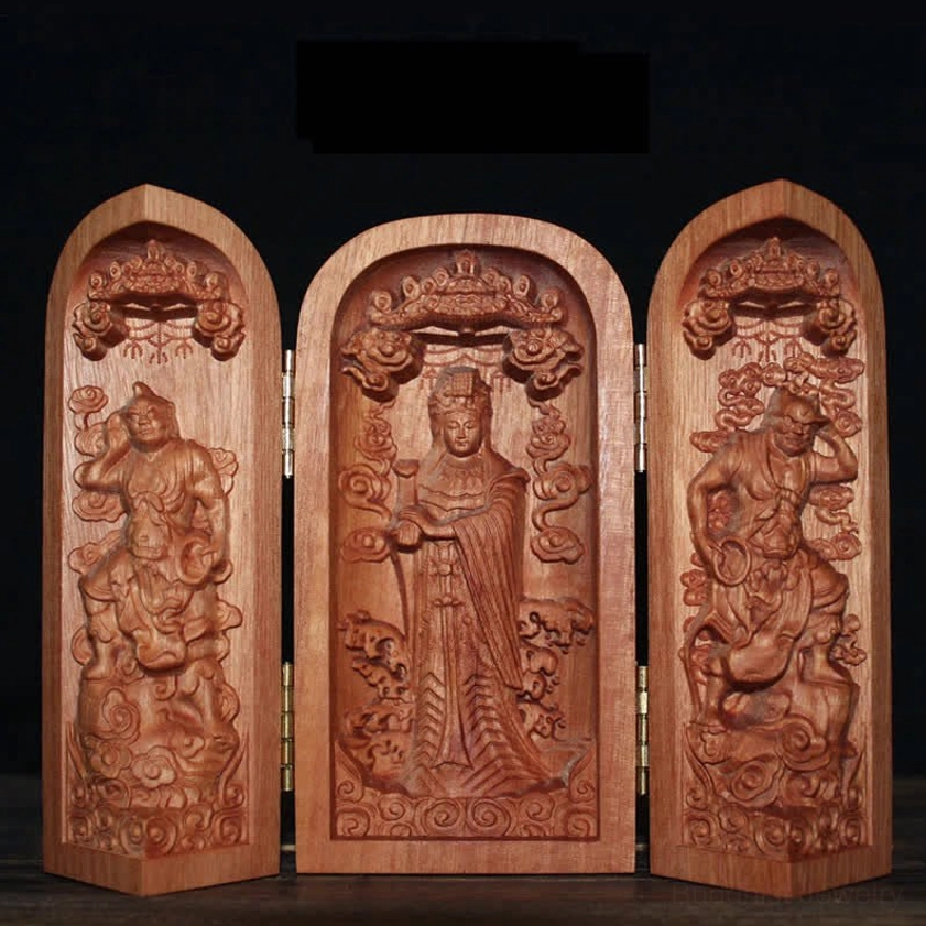 Nanhai Avalokitesvara Kwan Yin cherry wood Buddhist altar shrine for compassion and meditation practice