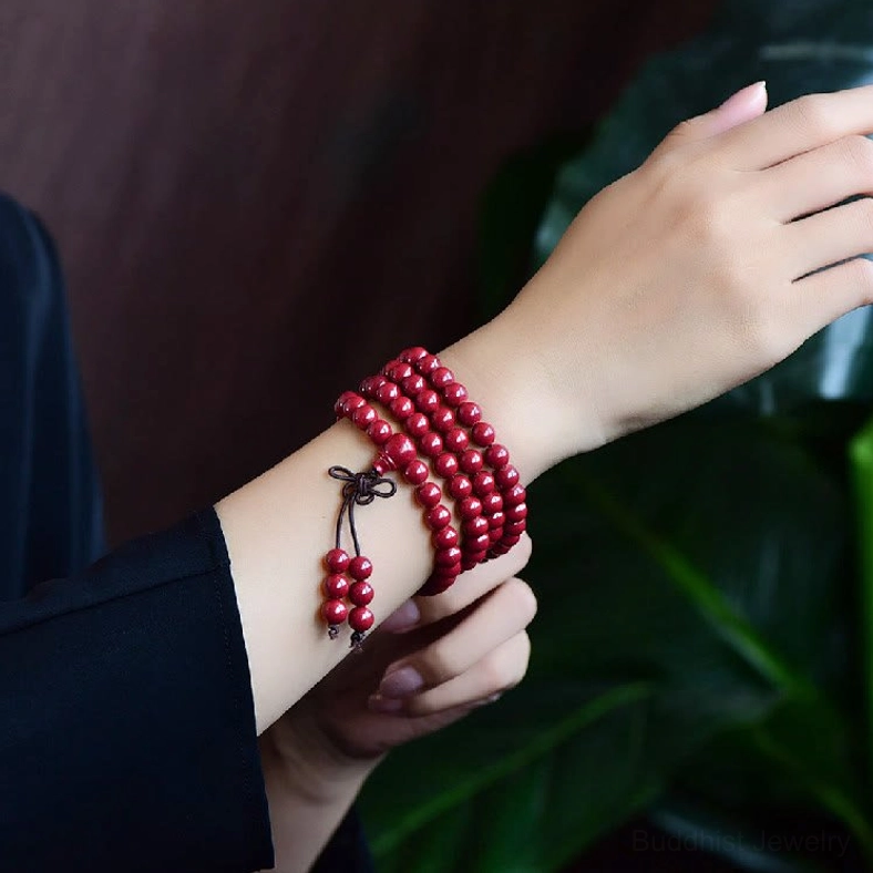Natural cinnabar stone 108-bead mala bracelet handmade for authentic Buddhist spiritual practice
