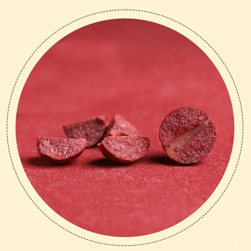 Premium natural cinnabar raw ore fragments displaying authentic deep red mineral color and fractured texture used in Buddhist protective jewelry