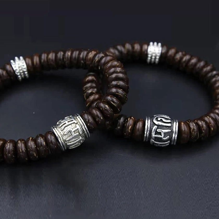 Natural coconut shell beads with Om Mani Padme Hum mantra for protection, healing, and inner harmony
