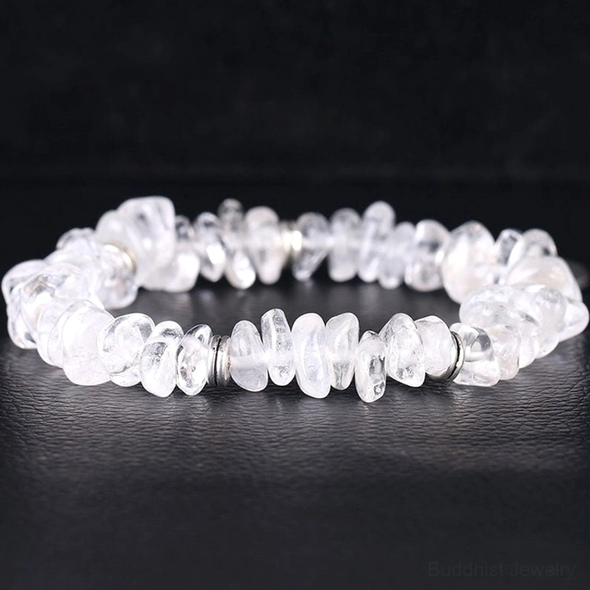 Clear quartz chip stretch bracelet partial top view showing natural crystal texture