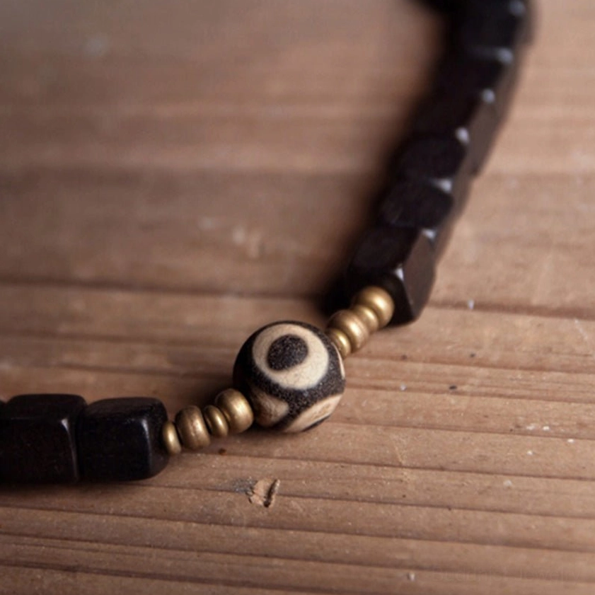 Natural ebony wood beaded couple bracelet with bronze spacers for good luck and positive energy