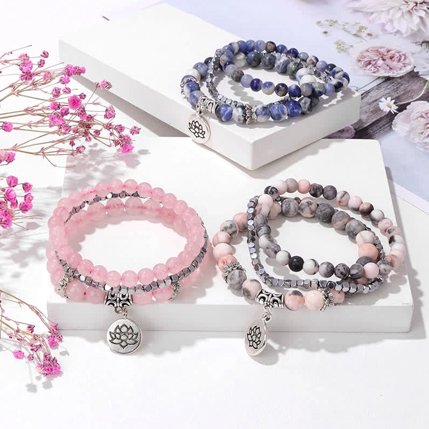 Natural gemstone beaded bracelet set with authentic lotus charm silver metal