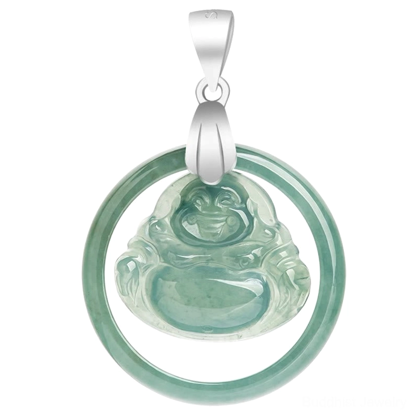 Natural jade Laughing Buddha pendant close-up - hand-carved Buddha charm in circular frame with smooth jade surface detail