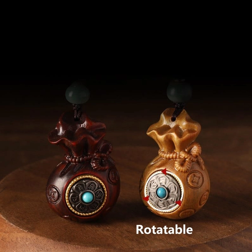 Natural materials used in Buddhist money bag charm including sandalwood, coconut shell, bodhi seed, and protective beads