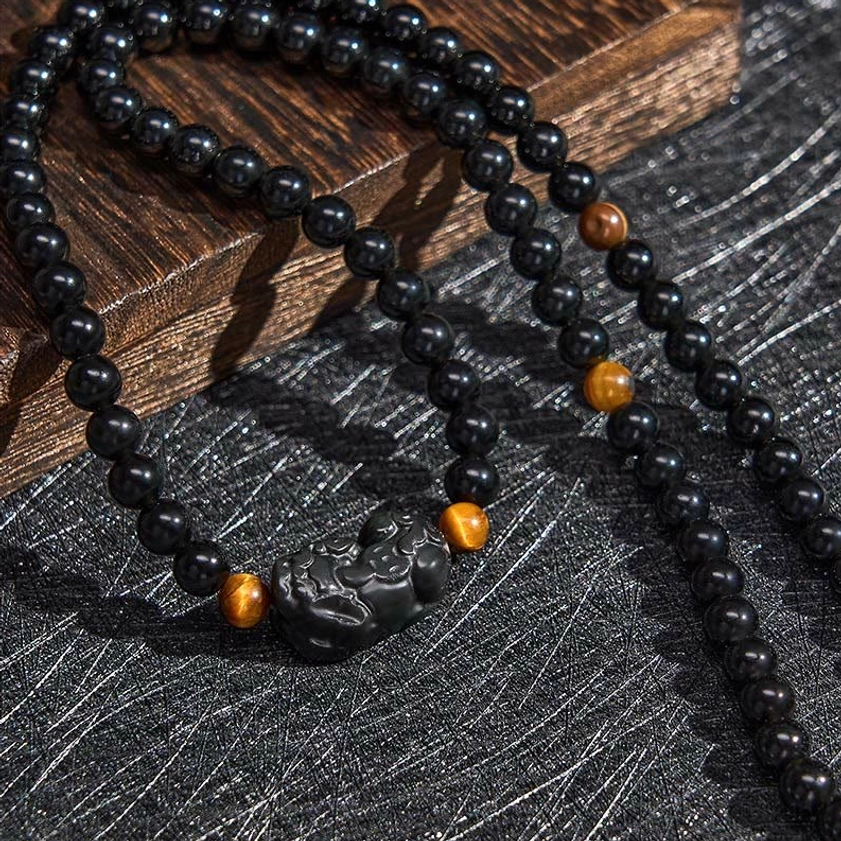 Natural obsidian Pixiu bracelet for wealth attraction and emotional healing with authentic hand-carved design