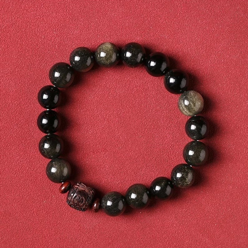 Natural obsidian beads bracelet with multiple spiritual symbols and meanings for daily meditation and mindfulness practice