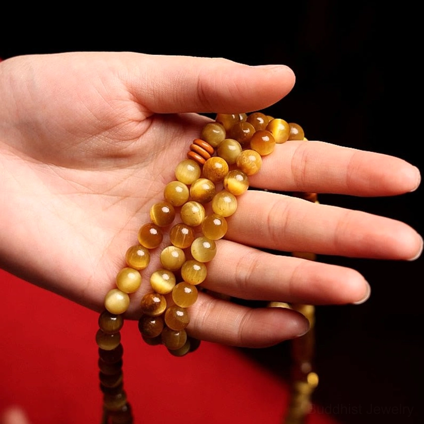 Natural Tiger Eye Prayer Beads 108 with spiritual Vajra symbol - handmade Buddhist mala collection
