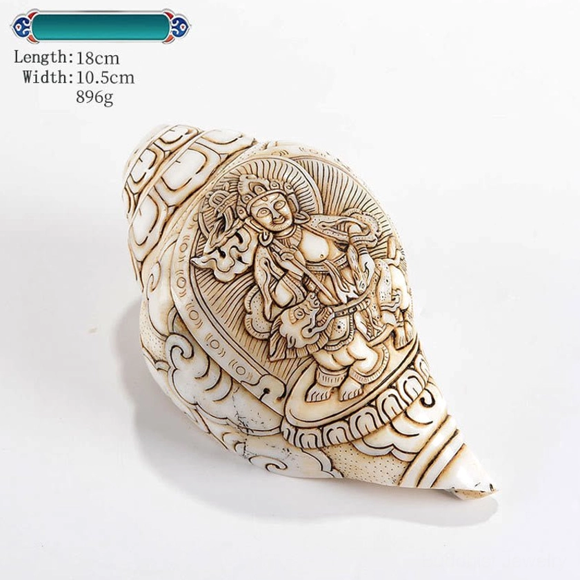 Natural White Conch Shell with Intricate Buddhist Deity Engraving and Protective Sacred Symbols