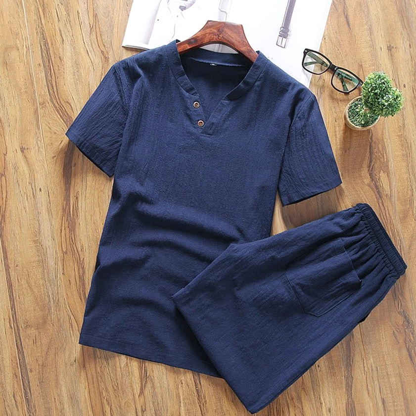 Navy blue deep sky blue henley t-shirt and shorts meditation ensemble
