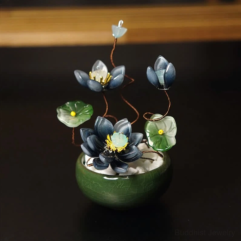 Navy blue handmade liuli lotus flower pot with green glass leaves and copper metal stems mindfulness decor