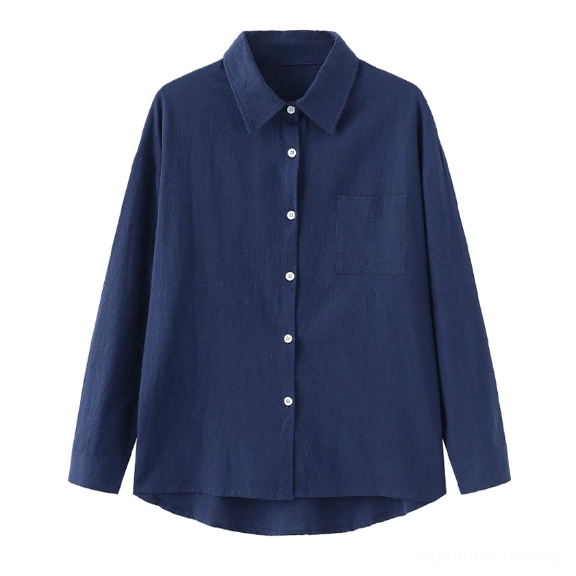 Navy blue long-sleeve meditation shirt with collar and functional chest pocket