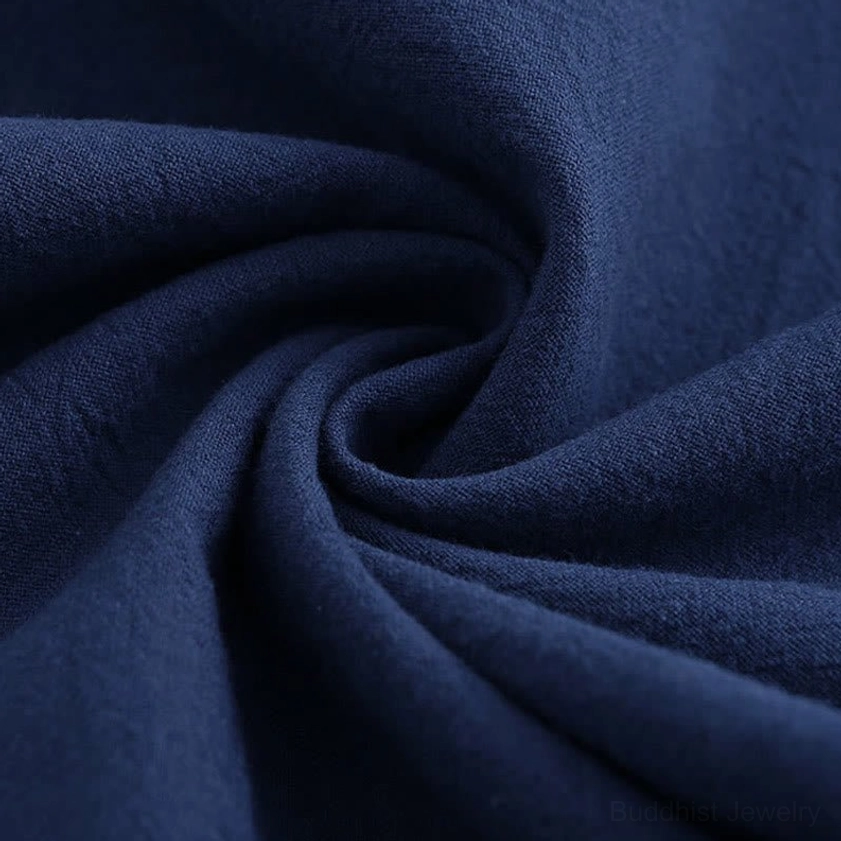 Navy blue meditation cotton loungewear set flat lay showing fabric quality