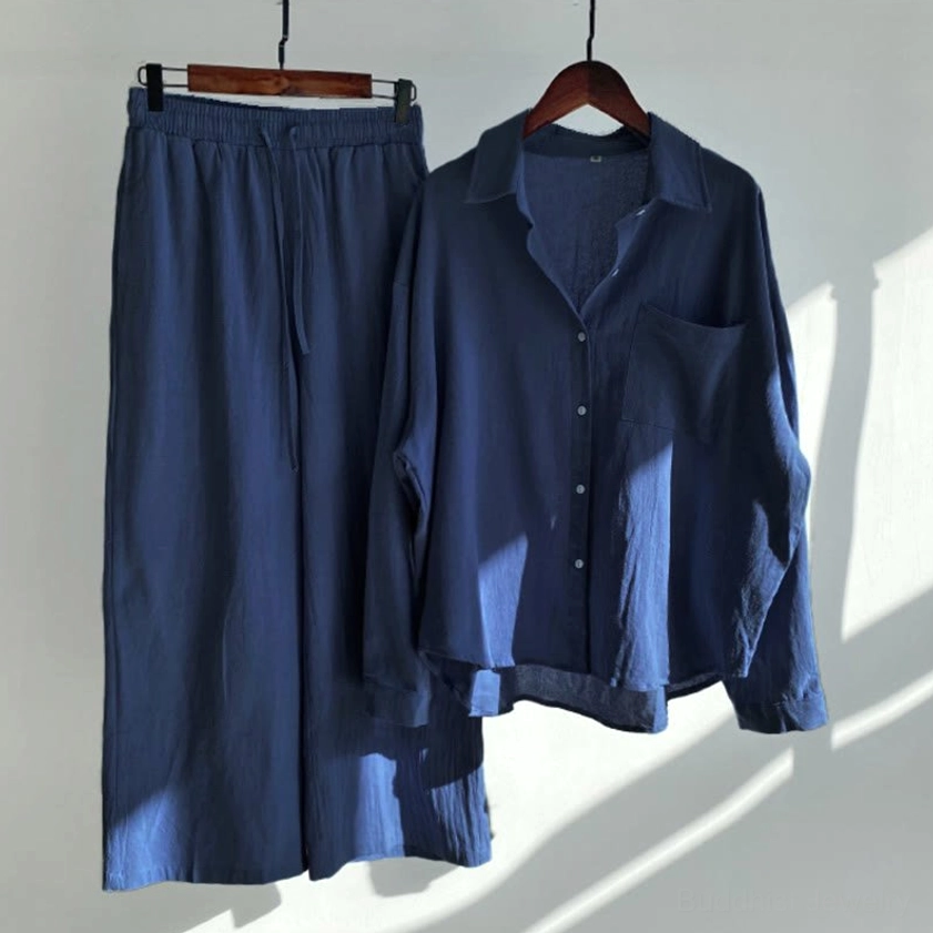 Navy blue women's meditation cotton loungewear two-piece set hanging display