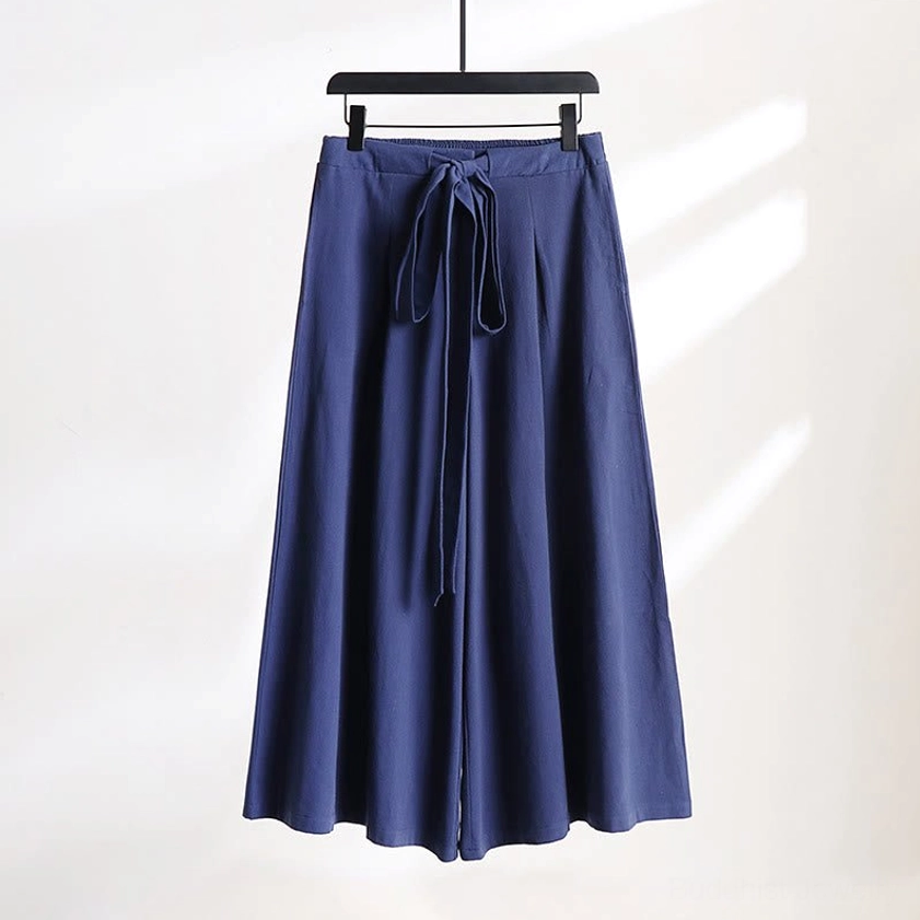 Navy blue wide-leg meditation pants with tie waist ankle-length front view