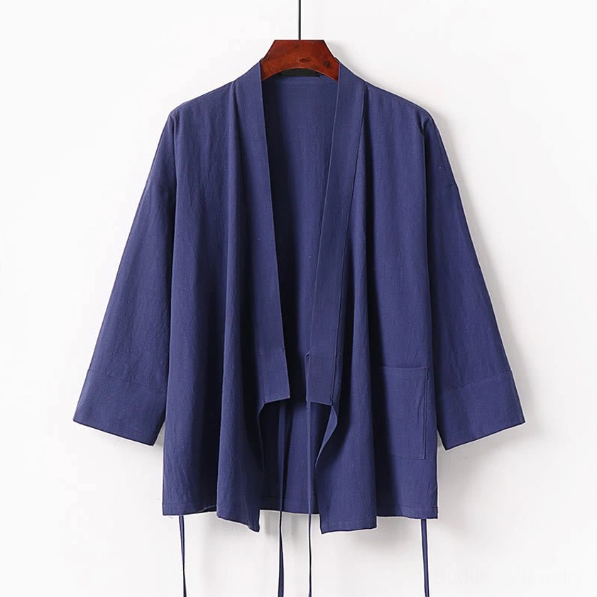 Navy blue wrap kimono meditation top with adjustable tie and loose sleeves