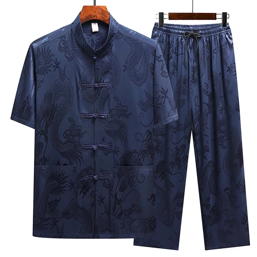 Navy blue dragon jacquard Tang suit two-piece men's traditional ensemble
